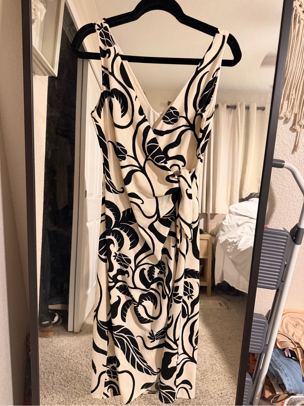 H&M Cream Midi Wrap Dress with Black Floral Print